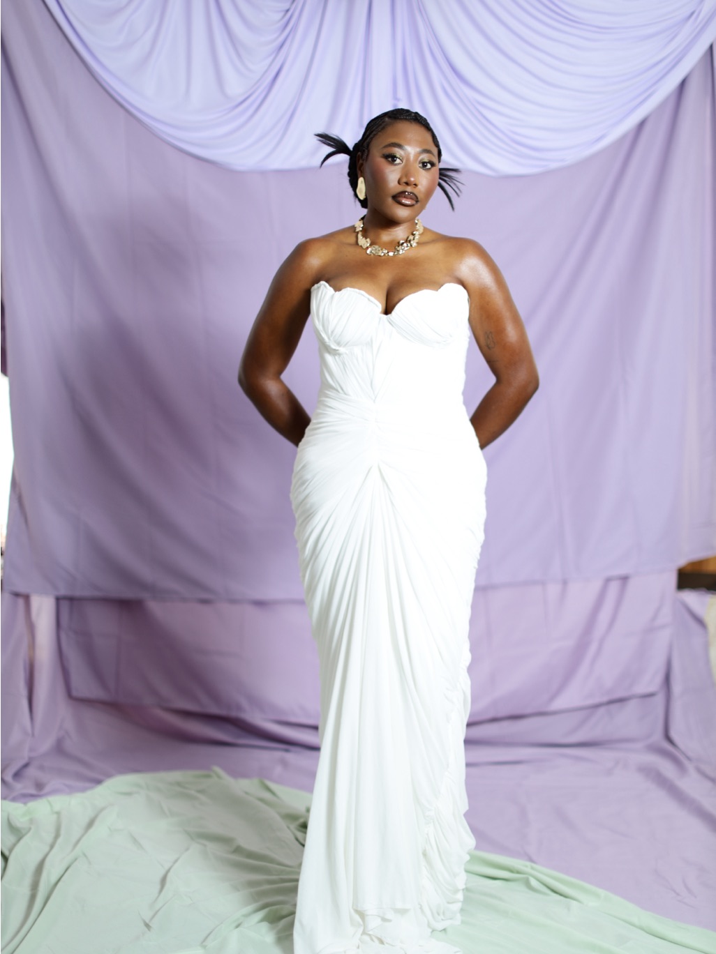 Elegant White Strapless Ruched Evening Dress